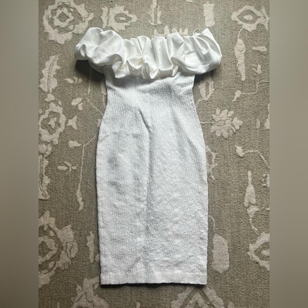 Elegant White Ruffled Off-Shoulder Midi Dress from Misha